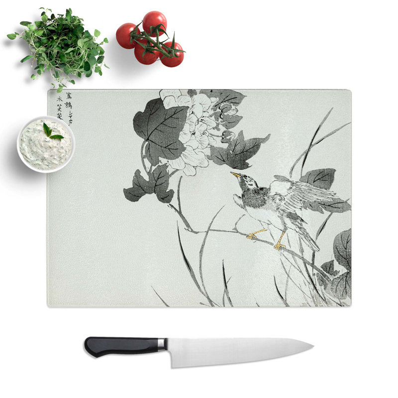 Glass Grey Starling With White Lotus Flowers by Numata Kashu Chopping Board, 28.5 cm W x 20 cm L