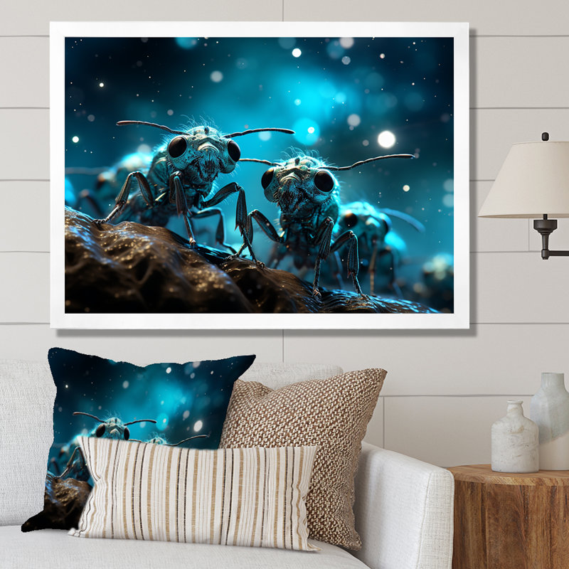 Fourmis lunaires argentées sur toile, H 24 po x l 32 po x P 1 po, Cadre simple blanc