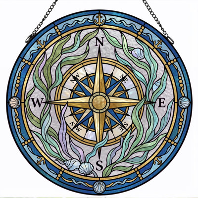 Nautical Compass Stained Glass Window Panel，12"H