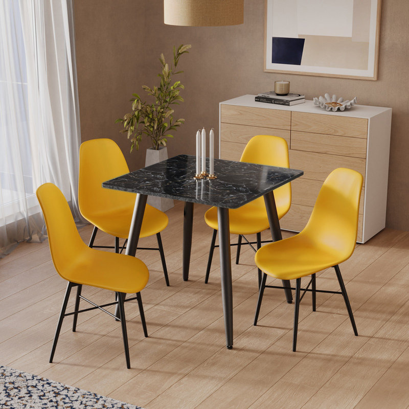 4 -Person Dining Set, Black Marble, Yellow