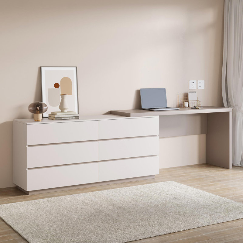 Amaly Modern Home Office Extendable Dresser Desk Combo with 6-Drawer