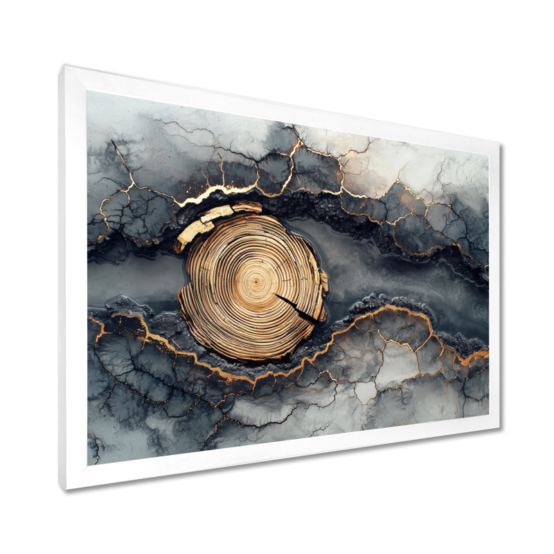 «Winter Dam River of Wood Slide and Crystal III», art mural, H 24 po x l 32 po, Cadre flottant, Blanc