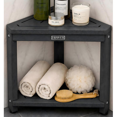 HDPS Waterproof Corner Shower Bench & Stool with 2-Tier Storage Shelf, Non-Slip Spa Bath Bench & Shaving Foot Rest with Adjustable Leveling Feet, 350 lbs Capacity