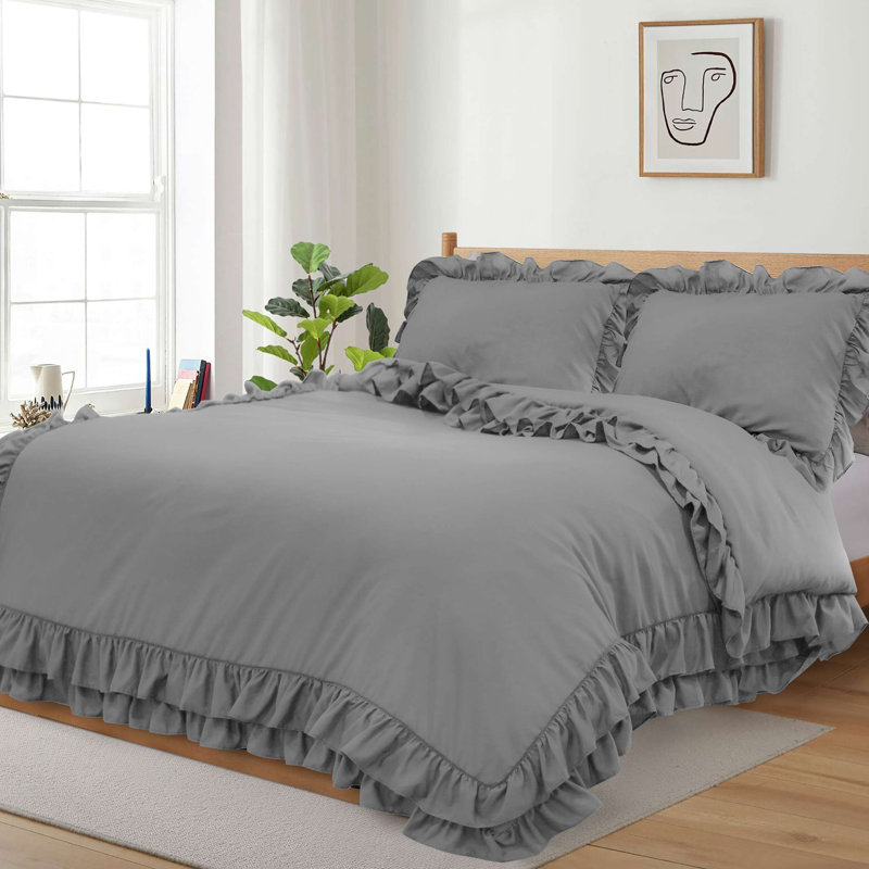 Amiela Microfiber Solid Colour Duvet Cover with Pillowcases Included, Kingsize + 2 Standard Pillowcases, Gray