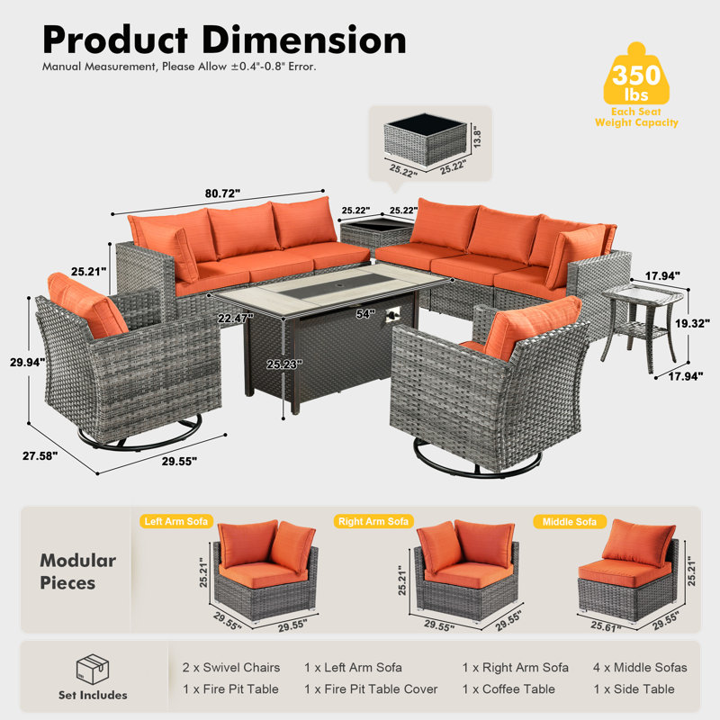 Ensemble de conversation pour patio 11 pièces avec canapé modulaire modulaire, chaises berçantes pivotantes et table foyer