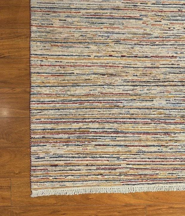 Tapis moderne 9 x 12 po, tapis en laine noué à la main, tapis minimaliste Racha, tapis rayé multicolore, tapis afghan contemporain, grand salon