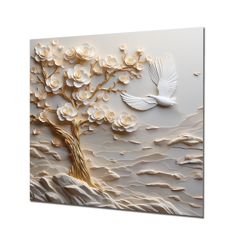 Arbre de paix avec fleurs blanches et colombe blanche - arbre, décoration murale, H 16 po x l 16 po, Sans cadre, métal