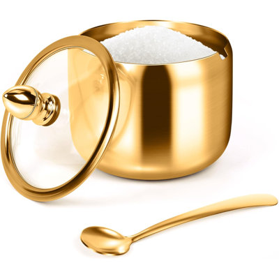 Sugar Container with Glass Lid and Spoon - 10oz Gold