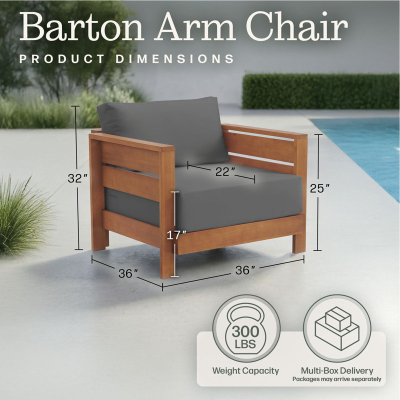 Fauteuil de patio en bois massif l 36 po Barton avec coussins très résistants aux taches et à la décoloration, Gray