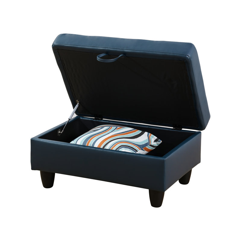 Repose-pieds rectangulaire avec rangement en similicuir de 35 po, Noir, Similicuir bleu