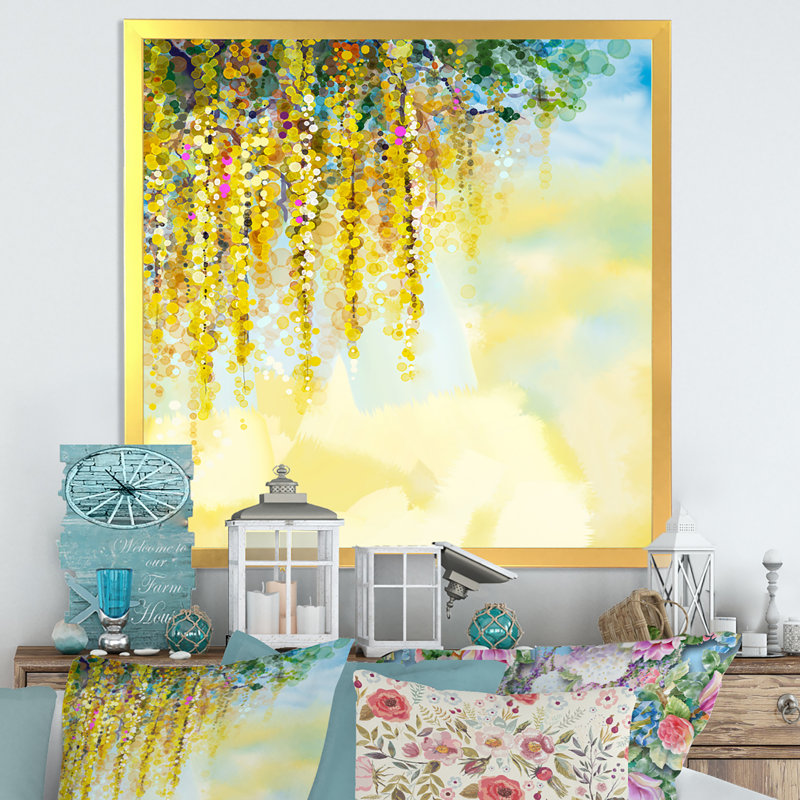 Printemps, fleurs de glycine jaunes printanières, reproduction d'art sur toile, H 36 po x l 36 po x P 1,5 po, Cadre doré