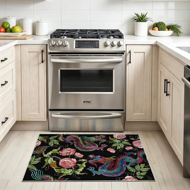 Tapis asiatique transparent lavable à la machine, dragons chinois et fleurs, Rectangle 32 po x 47 po