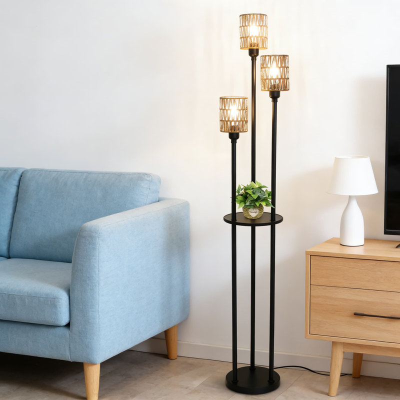 Lampe sur pied en rotin à 3 lumières à intensité variable avec tablettes, lampe sur pied Farmhouse avec interrupteur au pied à 3 voies, lampe sur pied rustique Boho pour le salon et la chambre à coucher