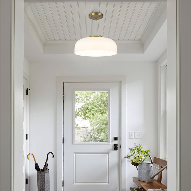 Grand luminaire suspendu moderne en or brossé 12,8 pouces avec abat-jour en verre blanc dôme - Plafonnier de hall d'entrée à hauteur réglable à intensité variable