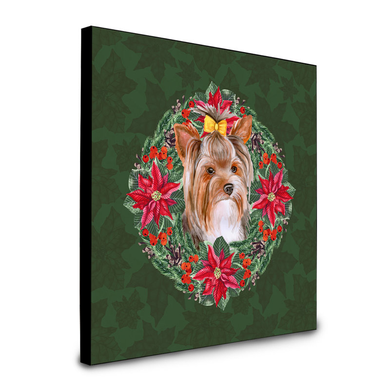 Panneau mural d’art à couronne poinsetta Fabrienne, Yorkshire Terrier brun