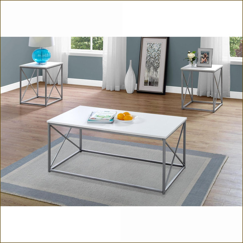 Ensemble de 3 tables basses contemporaines pour le salon - plateau en stratifié blanc, structure en métal gris, grande surface