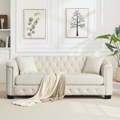 Canapé Chesterfield moderne à 3 places avec accoudoirs roulés et têtes de clou pour salon, chambre à coucher, bureau, appartement