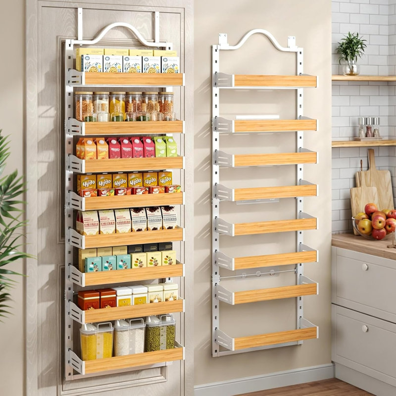 Rangement à 8 niveaux pour garde-manger, grand support mural 2 en 1 ou au-dessus de la porte, support à épices avec paniers réglables, blanc-brun