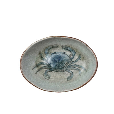 4-Piece Hand-Painted Stoneware Dish With Sea Life In Reactive Crackle Glaze, Multicolor