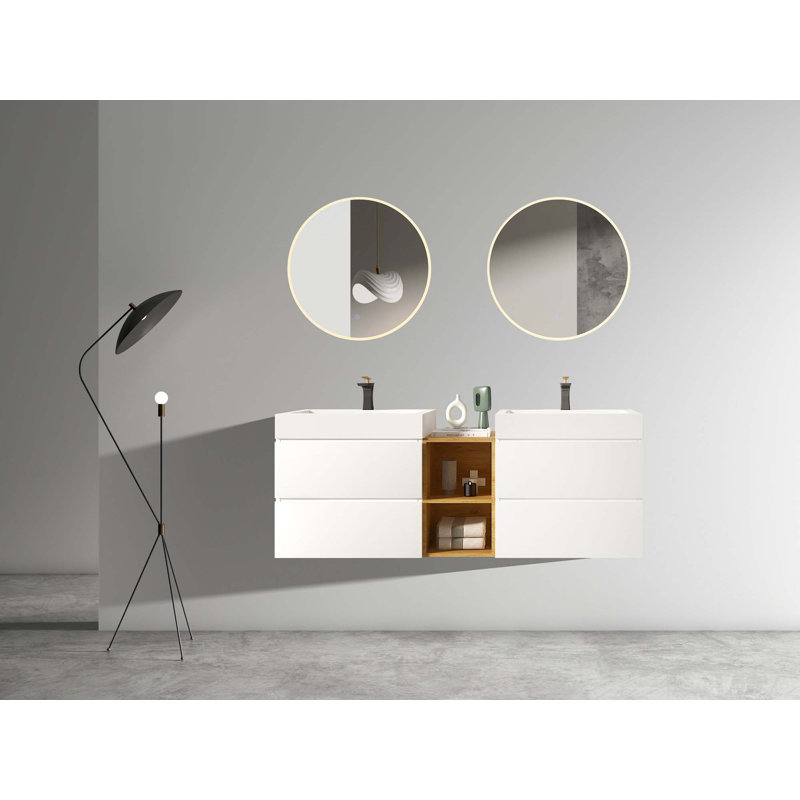 Meuble-lavabo mural moderne avec lavabos doubles et tablette ouverte