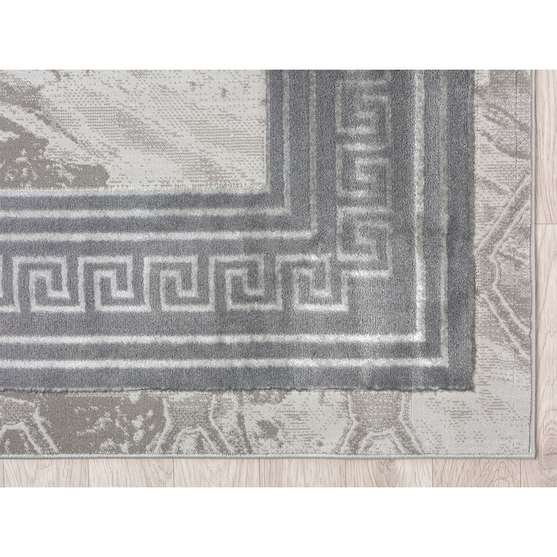 Tapis à bordure abstraite crème / gris Ksamil Collection, Rectangle 5 pi 3 po x 7 pi 3 po