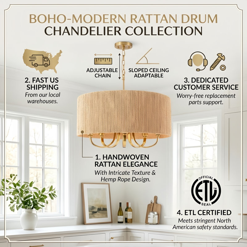 Stephane 5-Light 22" W Rattan Drum Chandelier