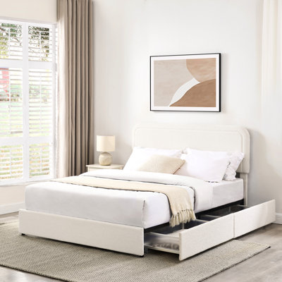 Classic Style Queen Bed With Storage & Adjustable Headboard Contemporary 2 Drawers Per Side Soft Boucle Fabric