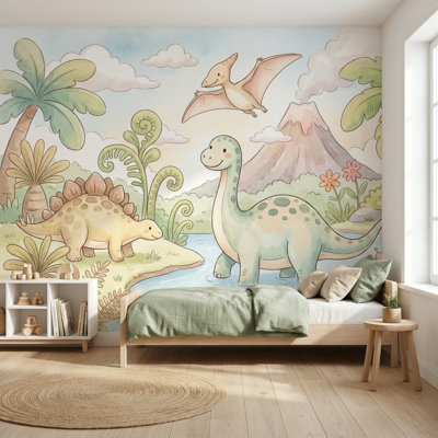 Papier peint paysage de dinosaures fantaisiste Volcano