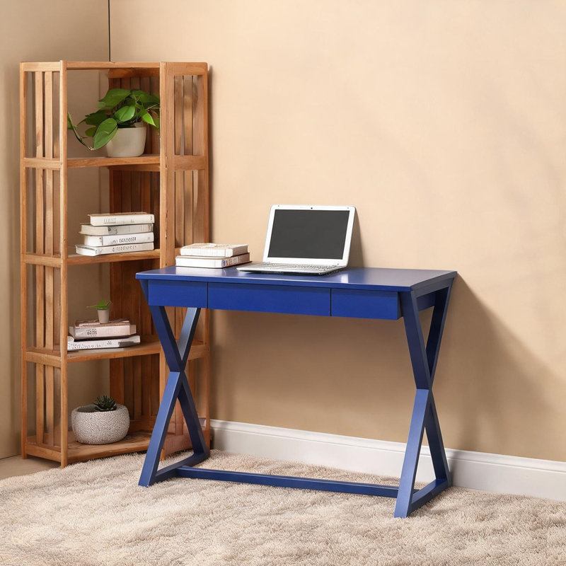 Writing Desk with Drawer for Home Office, Deep Blue Solid Wood Base, 42.5-Inch Rectangular Work Surface
