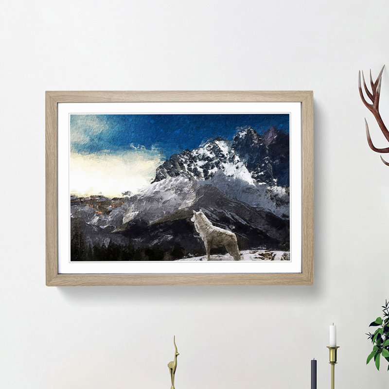 White Wolf with a Mountain Landscape - Picture Frame Painting Print, 48cm H x 65cm W x 2cm D, Oak Framed