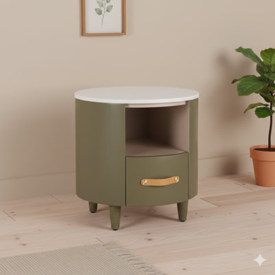 A contemporary and modern round nightstand with a storage drawer. A sofa end table with an open storage shelf and a curved design, suitable for living room and bedroom. Easy to assemble. Color: Green.