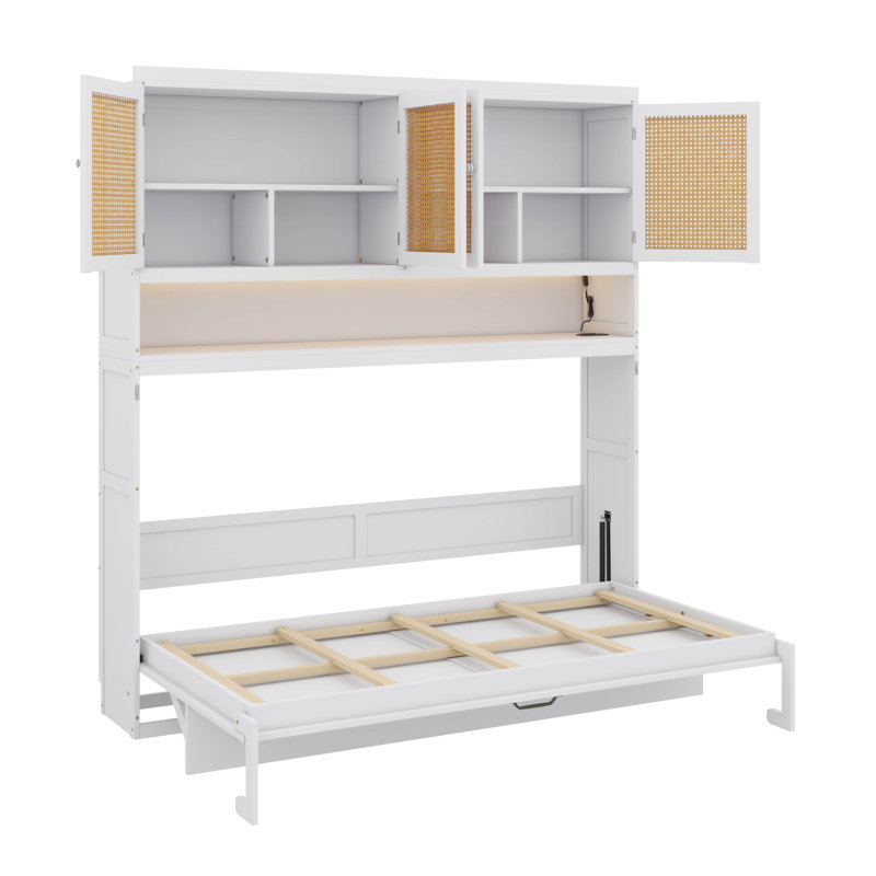 Lit escamotable compact avec rangement supérieur, structure pliable avec éclairage et connectivité USB, White