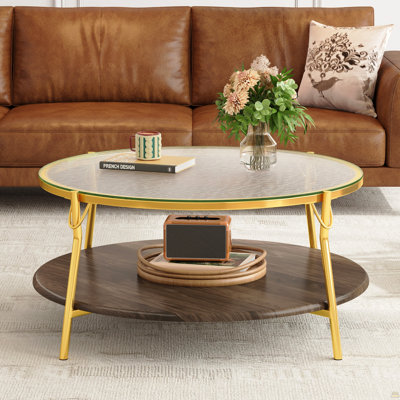 Table basse moderne à 2 niveaux en noyer avec plateau en verre et base dorée pour salon, 29,9 po