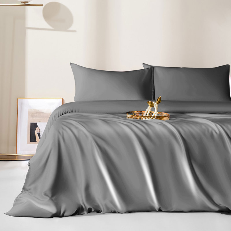 Ensemble de housse de couette 3 pièces 100% rayonne de bambou, Gris, Housse de couette pour très grand lit et 2 taies 
