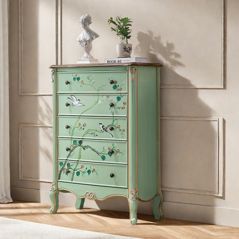 Commode décorative 5 tiroirs peinte en bois vert clair