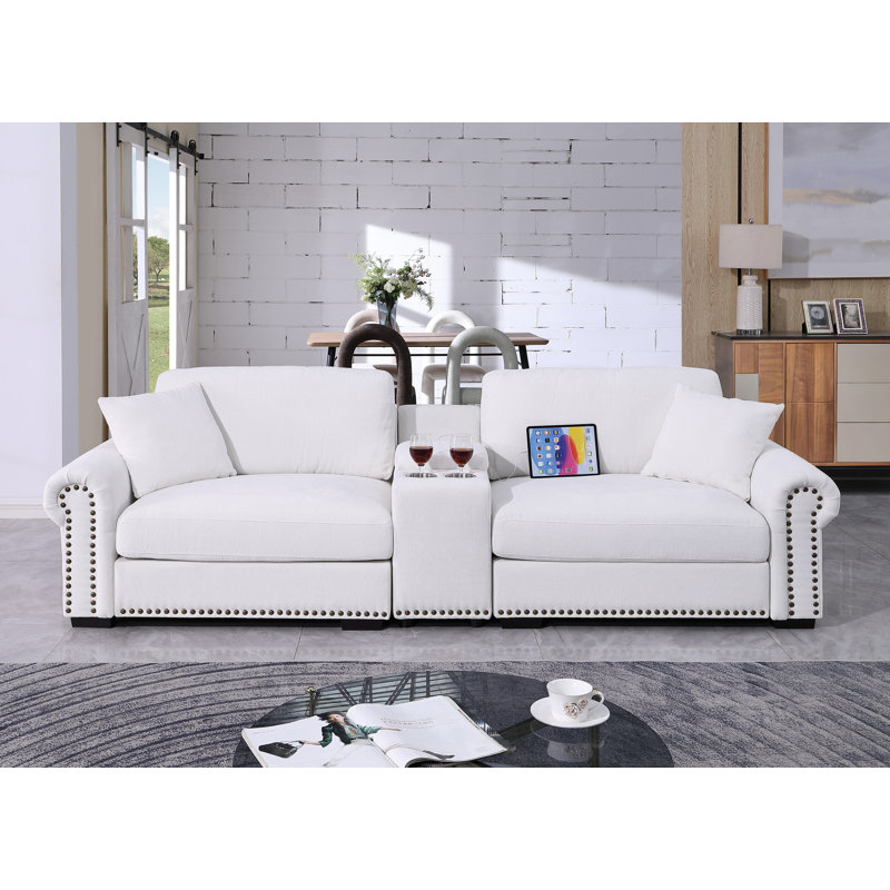 Canapé surdimensionné en chenille surdimensionné de 104,86 po avec porte-gobelet et port USB, Blanc