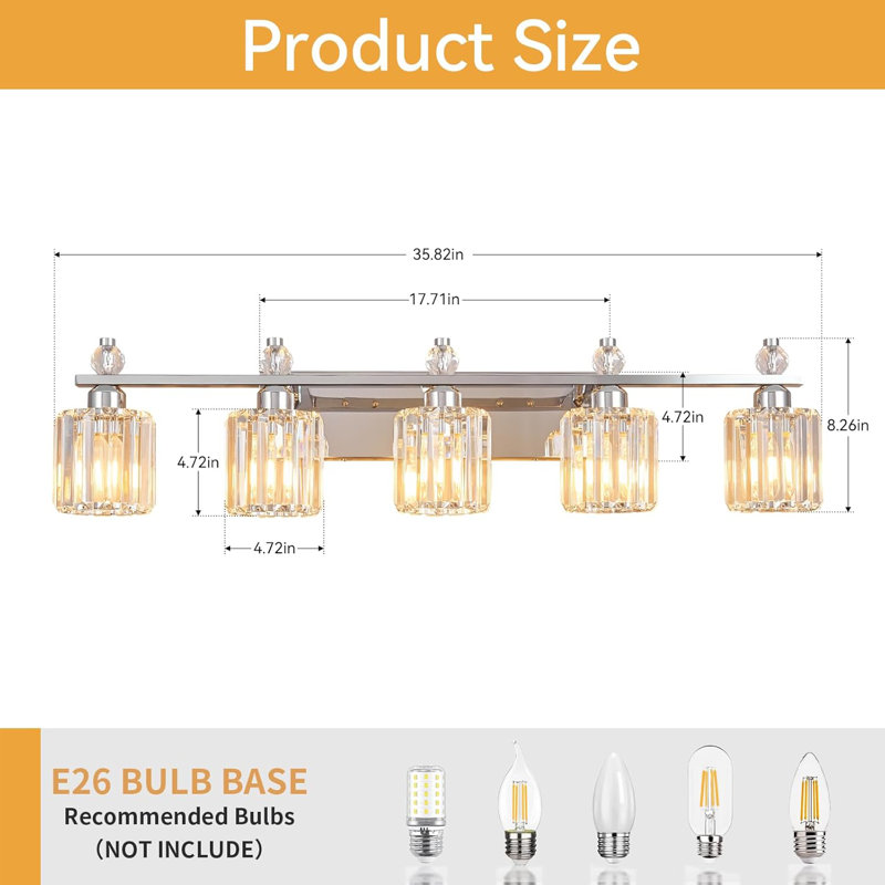 Modern Crystal Bathroom Vanity Light Fixture With 5-Light Design, And Clear K9 Crystal Shades For Over Mirror Installation