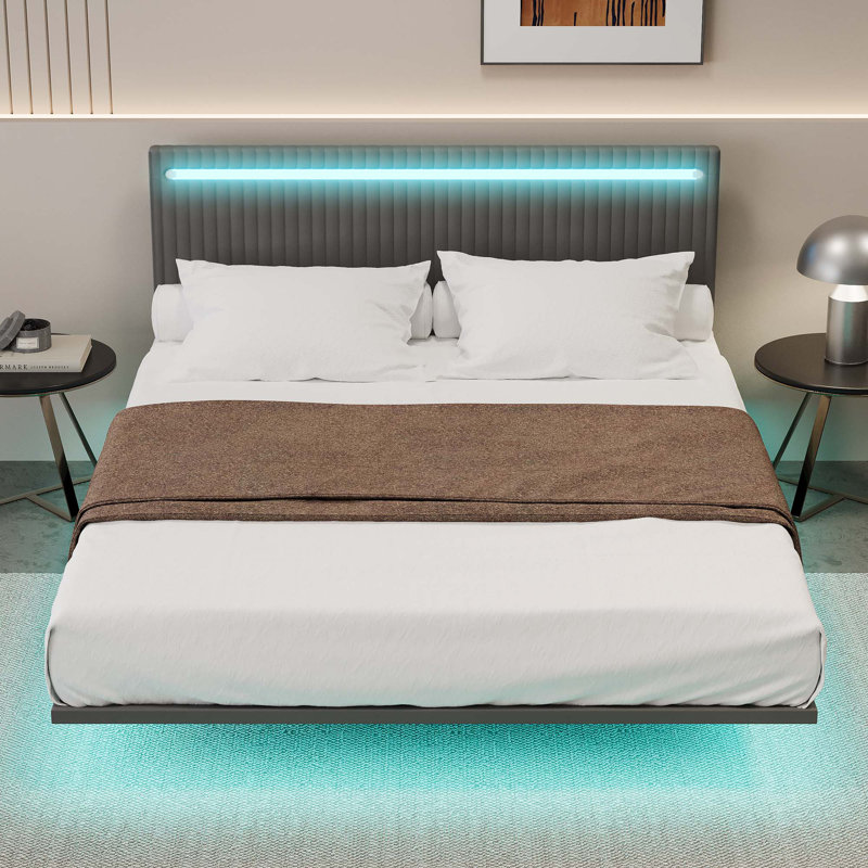 Velvet Floating Bed Frame With LED Lights, Queen, Beige