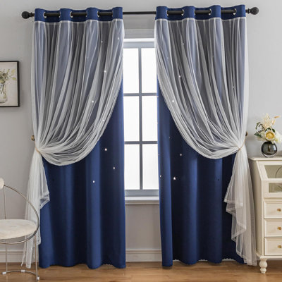 4 Panel Blue Grommet Curtains, 39 x 78 Inch Hollow-Out Star Window Drapes, Thermal Insulated & Room Darkening Curtains for Bedroom and Living Room (2-Set)