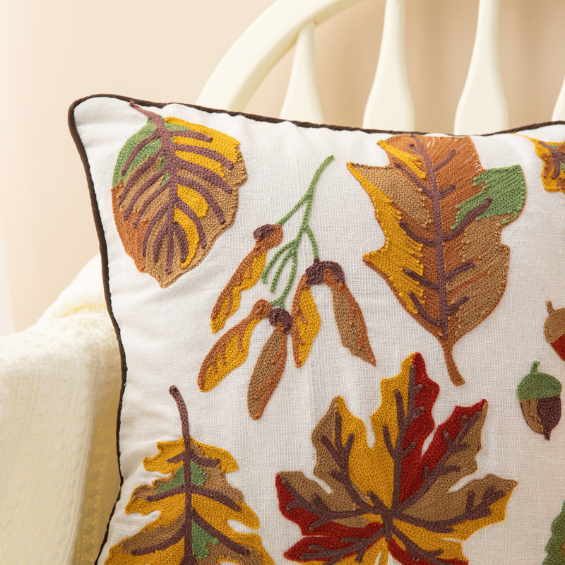 Beige and Brown Embroidered Linen Square Thanksgiving Throw Pillow Set