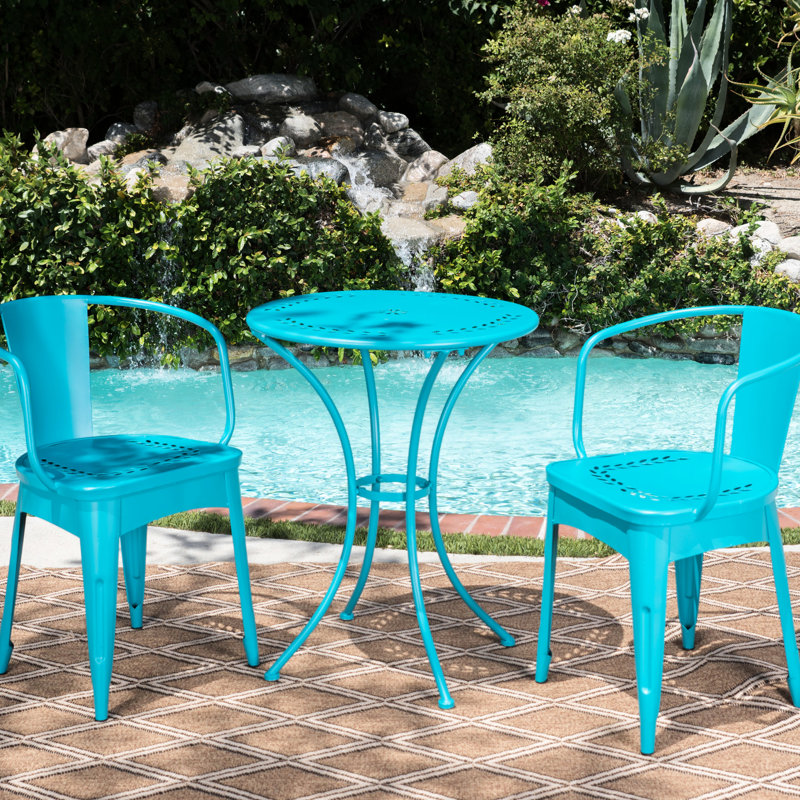 Ensemble de table et de chaises d'extérieur en fer forgé, couleur turquoise, revêtement en poudre, 3 pièces.