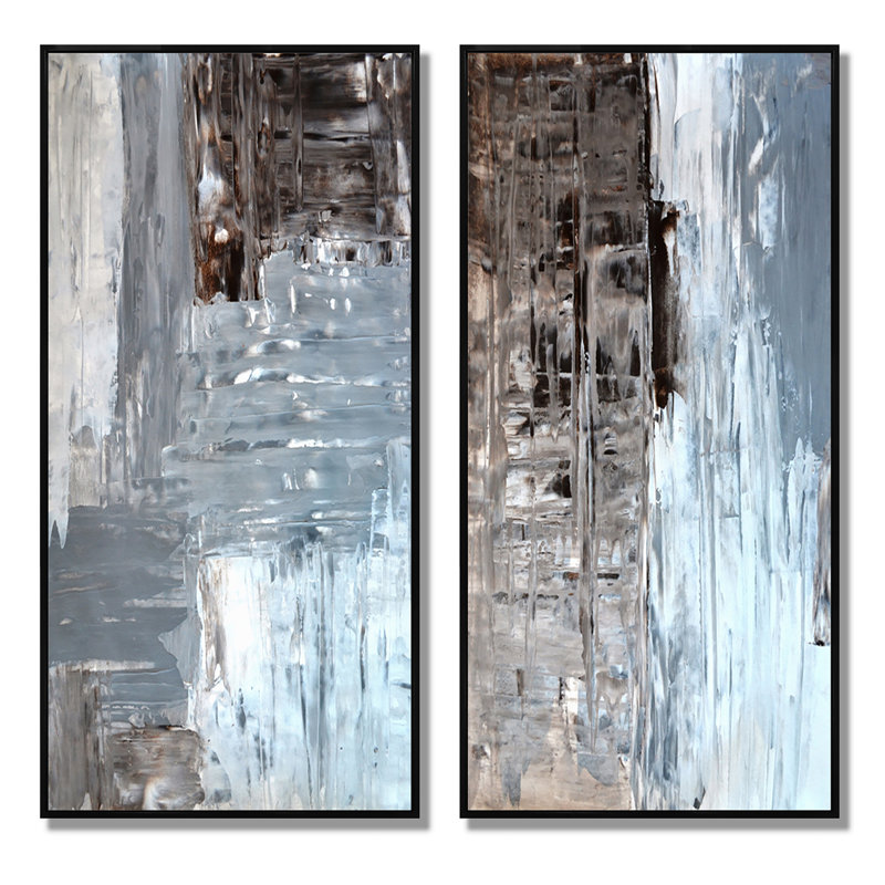 Ensemble de 2 peintures sur toiles colorées dans des tons de gris et de brun, H 32 po x l 32 po x P 1 po, Cadre flottant noir