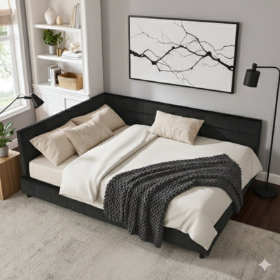 Base de lit matelassée et matelassée pour grand lit, structure de lit de style canapé avec un dossier rembourré et des accoudoirs latéraux, lit grand pour lits ou espaces communs, tissu en velours de couleur noire (mesure L 85,5 po x l 64,5 po x P 30,5 po) «H).
