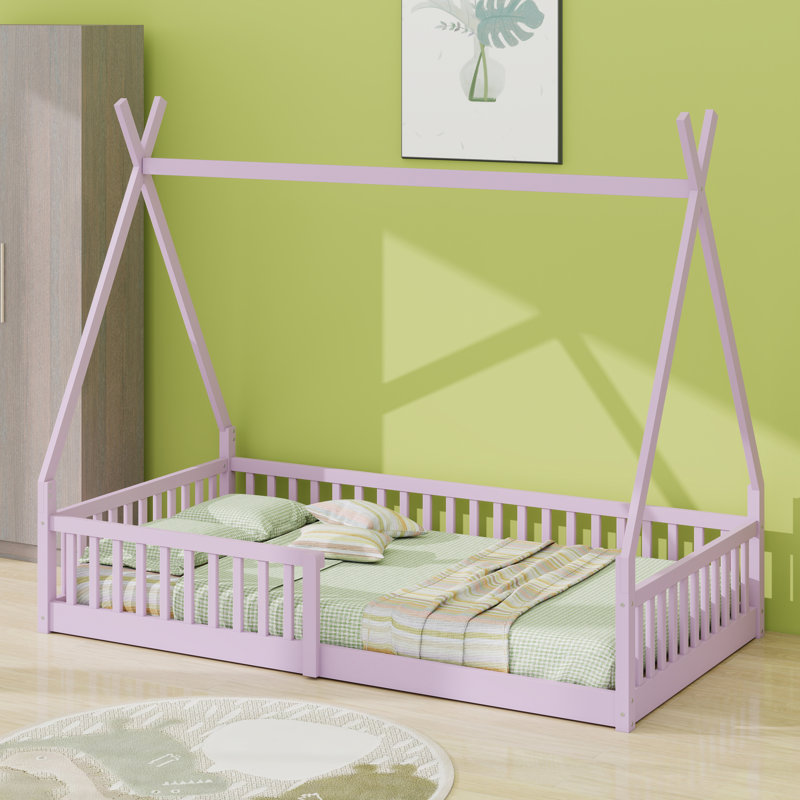 Lit en bois avec clôture, tête de lit et pied de lit, Rose