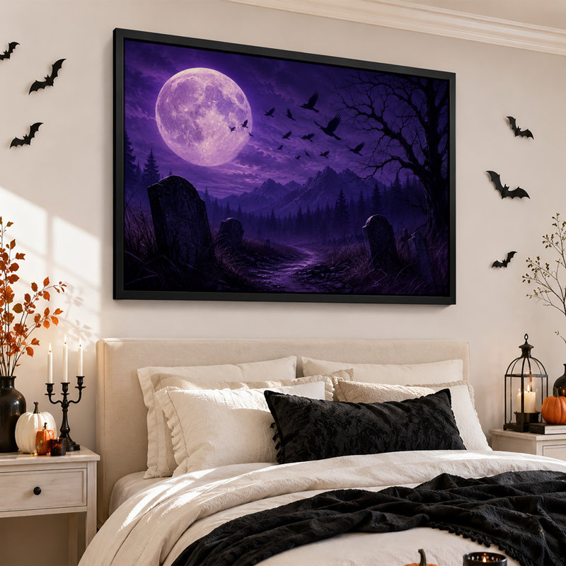 Lune violette et corbeaux volants au-dessus d'un chemin de cimetière - Toile murale d'Halloween, H 12 po x l 18 po