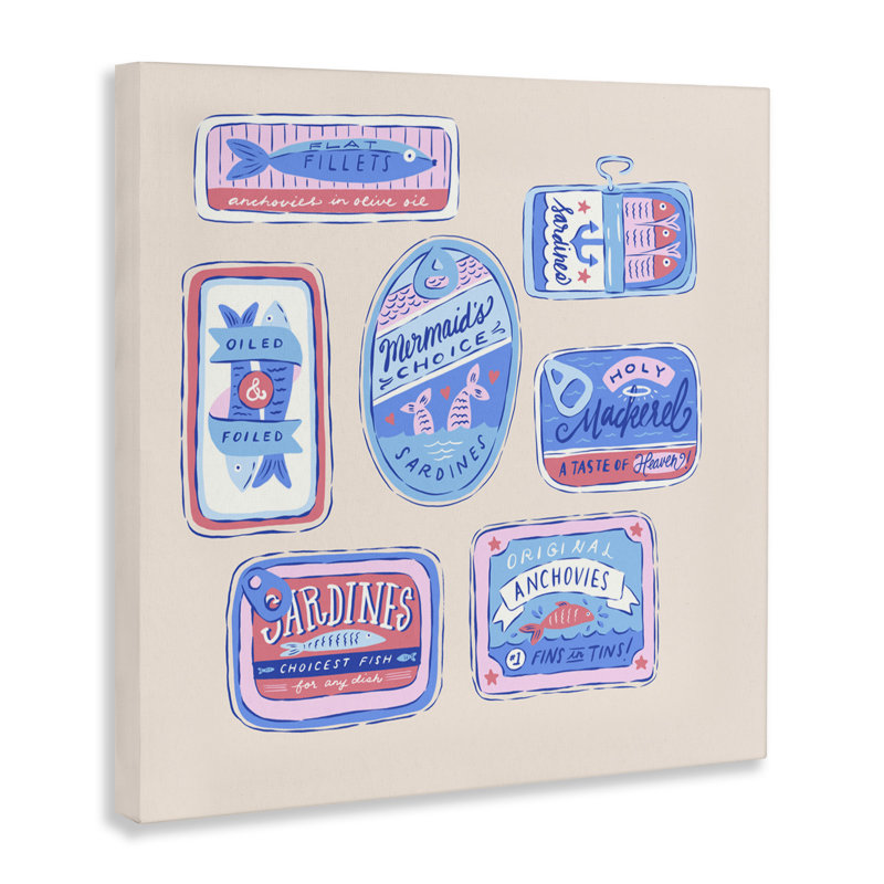 Various Canned Fish Seafood Canvas, design by Krissy Mast, 30" H x 30" W