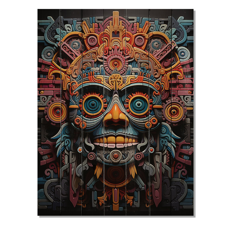 Masque aztèque vibrant bleu sarcelle, Mexique, impression sur bois, H 32 po x l 24 po x P 0,78 po