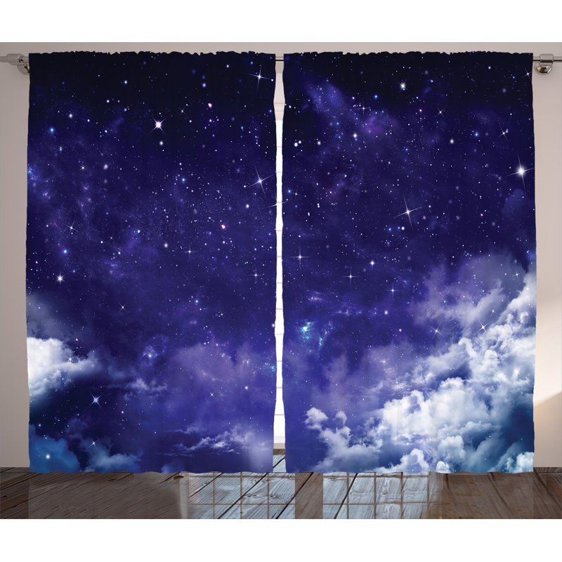 White and Purple Polyester Light-Filtering Starry Night Curtain Panel Pair