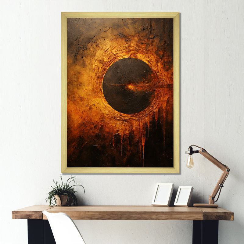 Système solaire bronze à trou noir sur toile, Cadre doré simple, H 44 po x l 34 po x P 1,5 po