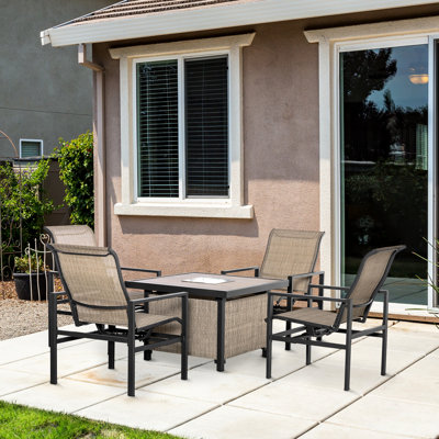 5 Piece Patio Dining , Beige, Steel Frame, 4 Comfy Rocking Chairs & Ice Bucket Table Outdoor Piece, Steel, Calm And Leisurely